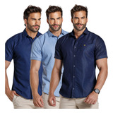 Kit 3 Camisa Jeans Masculina Moda Social Casual Manga Curta
