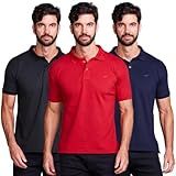 Kit 3 Camisa Polo Tecido Piquet Básica Masculina BR Alfa G Regular PRETO VERMELHO AZUL MARINHO