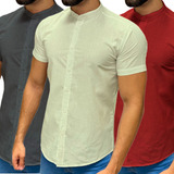 Kit 3 Camisa Social Masculina Manga Curta Gola Padre Luxo
