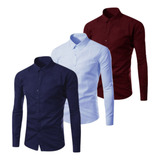 Kit 3 Camisa Social Masculina Slim Manga Longa Uniforme