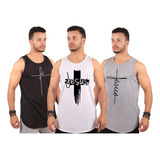 Kit 3 Camisas Camisetas Regatas Masculina Longline Gospel