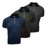 Kit 3 Camisas Polo Com Ziper Malha Leve Trabalhada Zurich