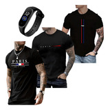 Kit 3 Camiseta Masculina Estampa Paris Top Relógio Digital