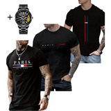 Kit 3 Camisetas Masculina Estampa Paris Relógio Roda Carro