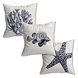 Kit 3 Capas De Almofada Nautica Suede Ziper Invisível Azul Coral Peixe Estrela 45 X 45cm 