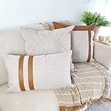 Kit 3 Capas De Almofadas Decorativas Linho Rustico Com Couro Marrom