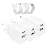 Kit 3 Carregador Parede 1hora Porta Usb A c cabo Tipo C