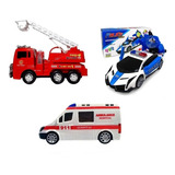 Kit 3 Carrinho Policial Bombeiro E Ambulância Com Som E Luz