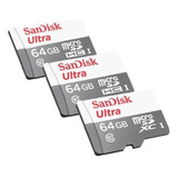 Kit 3 Cartão Memoria Micro Sd Sandisk 64gb Ultra Original