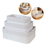 Kit 3 Cestos Organizadores De Bambu Multiuso Com Forro Cor Branco