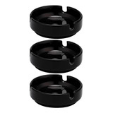 Kit 3 Cinzeiro Porcelana Preto Cinzeiros Redondo Liso Hotel