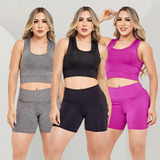 Kit 3 Conjunto Academia Suplex Top Nadador E Shorts Cós Alto