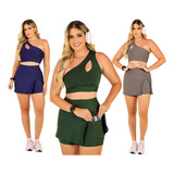 Kit 3 Conjunto Short Saia Bolso Top Cropped Fitness Academia