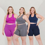 Kit 3 Conjuntos De Ginástica Plus Size Top E Short Academia