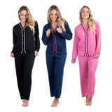 Kit 3 Conjuntos Pijama Longo Botão Maternidade Confortável