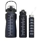 Kit 3 Garrafa De Água Motivacional Garrafa Squeeze 2 Litros Com Canudo- Alça E Tampa Antivazamento -Preto-