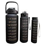 Kit 3 Garrafa De Água Squeeze Com Adesivos 2D E 3D Galão 2l Litros Alça 900 ML 300 ML Motivacional Academia Escolar Infantil Colorida Antivazamento Tie Dye TYDA Preto 