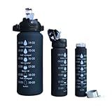 Kit 3 Garrafas De Água Squeeze Galão 2 Litros 1 Litro E 500ML Garrafinha Com Frases Motivacionais Horários Adesivos E Alça Para Academia Treino Anti Vazamento LINHA PREMIUM DUPIN Preto 