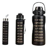 Kit 3 Garrafas Squeeze De Àgua 2 Litros 900ml 300ml Com Canudo E Adesivos 3d E 2d Academia Fitness Escola Trabalho Passeio Viagem Shaolong TODA PRETA 