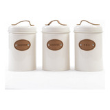 Kit 3 Latas De Metal E Alça De Couro Bege Porta Mantimentos