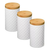 Kit 3 Latas Porta Mantimento Tampa Bambu Açúcar Café Redonda Cor Branca