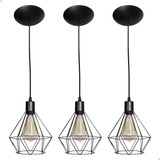 Kit 3 Luminária Pendente Aramado Diamante Preto Cabo Preto