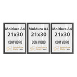 Kit 3 Molduras A4 21x30 C Vidro Quadro Poster Diploma Preto