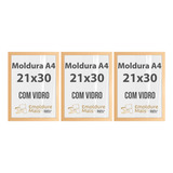 Kit 3 Molduras A4 21x30 C Vidro Quadros Foto Poster Dourado