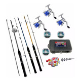 Kit 3 Molinetes Com 3 Rolamentos 3 Varas Fibra Acessórios