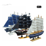 Kit 3 Navios Pirata Preto Branco Veleiro Miniatura Barcos