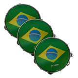 Kit 3 Pandeiros 10 Pol Pele Bandeira Torcida Brasil Luen