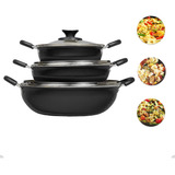 Kit 3 Panelas Wok Frigideiras Grandes Antiaderentes Pretas