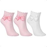 Kit 3 Pares Meia Bebê Infantil Com Laço Recém Nascido Menina Cano Curto 20 23 2 Rosas 1 Branca 