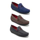 Kit 3 Pares Mocassim Camurça Sola Costurada Estiloso Verão