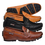 Kit 3 Pares Mocassim Drive Masculino Confortável Couro