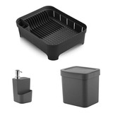 Kit 3 Pçs Escorredor Louça Talher Lixeira Porta Detergente Cor Preto