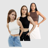 Kit 3 Peças Cropped Top Feminino Canelado Premium