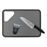 Kit 3 Peças Faca Santoku Descascador Tabua Gourmet Cozinha