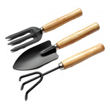 Kit 3 Peças Jardinagem Pt 26cm Cabo Madeira Ancinho E Pá