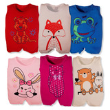 Kit 3 Peças Macacão Curto Bebe Bichos Menina Ou Menino