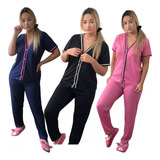 Kit 3 Pijama Feminino Manga Curta E Calça Com Botão Inverno
