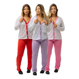 Kit 3 Pijama Longo Amamentação Feminino Aberto Botão Inverno