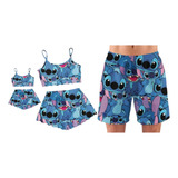 Kit 3 Pijamas Família Stitch Curto Pai Mãe Filha Baby Doll