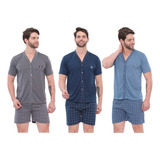 Kit 3 Pijamas Masculino Adulto Curto Botão Manga Curta Short