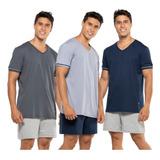 Kit 3 Pijamas Masculinos Liso 100 Algodão Verão Manga Curta