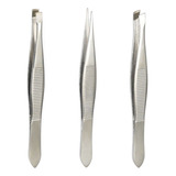 Kit 3 Pinças P Design Sobrancelha Pontas Fina Reta Diagonal Cor Prata