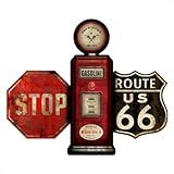 Kit 3 Placas Decorativas Rota 66 Stop Bomba De Gasolina 3 Peças MDF Adesivado Sem Furos Para Diversos Ambientes Sofisticado Gratidão