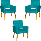 Kit 3 Poltronas Decorativas Cadeiras Vazada Isa Suede Cores Cor Azul-turquesa Desenho Do Tecido Suede Liso