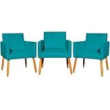 Kit 3 Poltronas Decorativas Para Sala Nina Cadeiras Reforçadas Para Recepção Manicure Para Sala De Espera Consultório Escritório Suede Cores Pé Castanho Azul Turquesa 