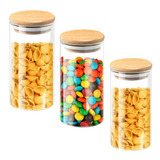 Kit 3 Potes De Vidro Hermetico Tampa De Bambu 1 Litro Cor Transparente Bene Casa